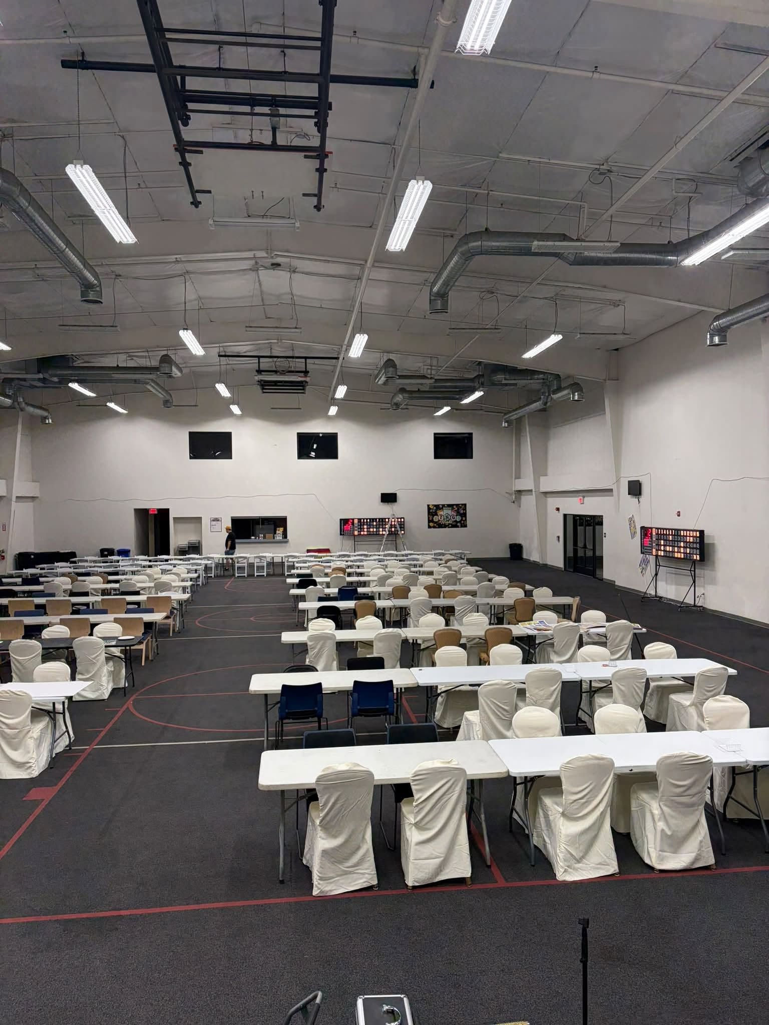 Interior of Zoe Eden Hall showing numerous tables set up for Bingo